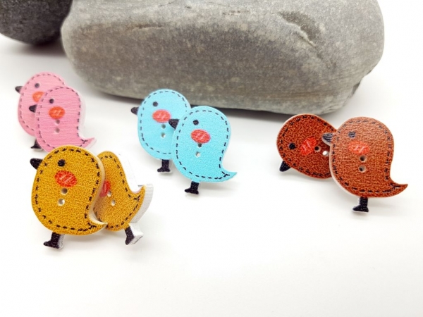 Spatz Knopf Ohrstecker Vögelchen Holz Button